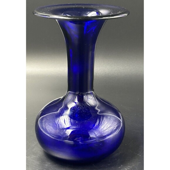 Vintage Handblown Deep Cobalt Blue Glass Flared Gooseneck Vase with Bulbous Base - Picture 1 of 6